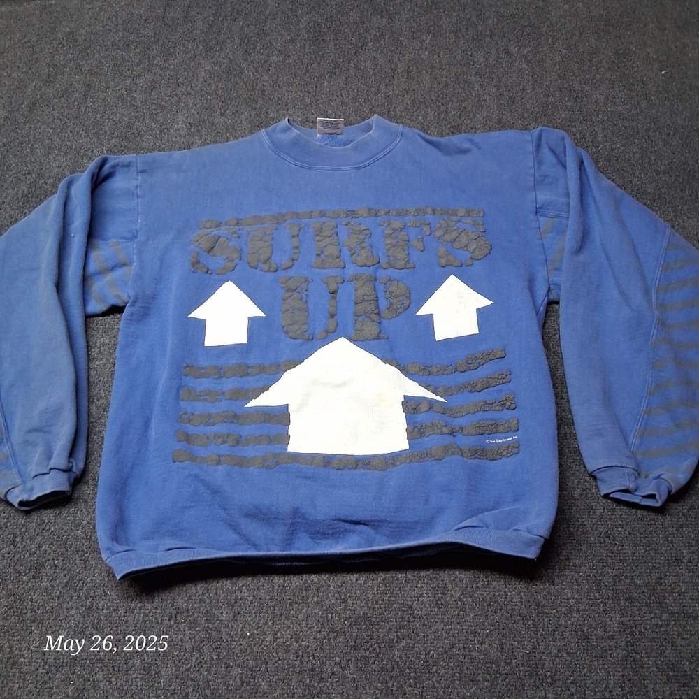 Vintage Sun‎ International Surfs Up Puff Print Graphic Sweatshirt Blue